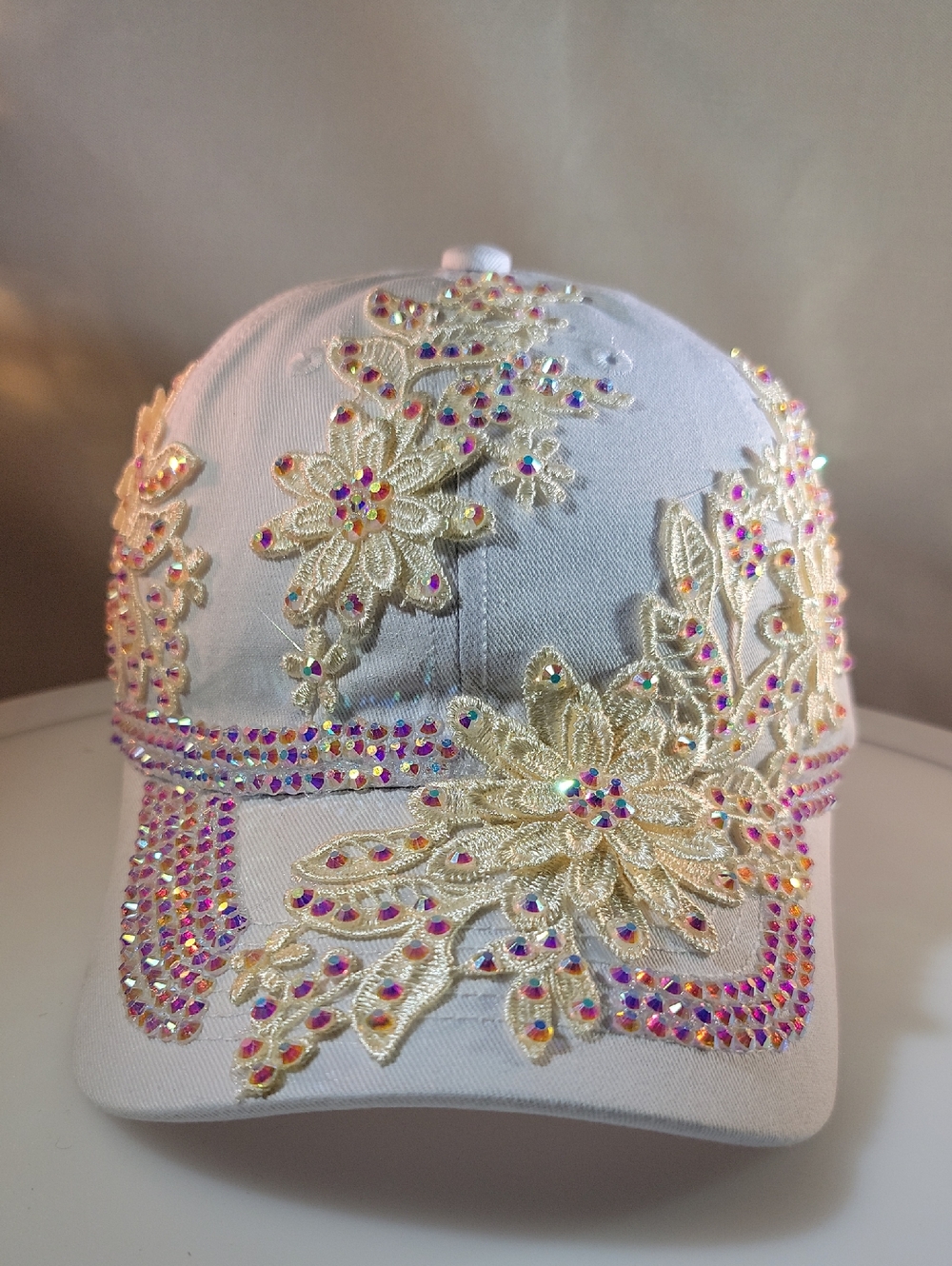 White Embellished Floral Rhinestone Baseball Cap